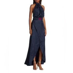 Silvia Tcherassi Kerry Rose Jacquard Halter Gown w/ Belt Maxi Dress Navy Satin